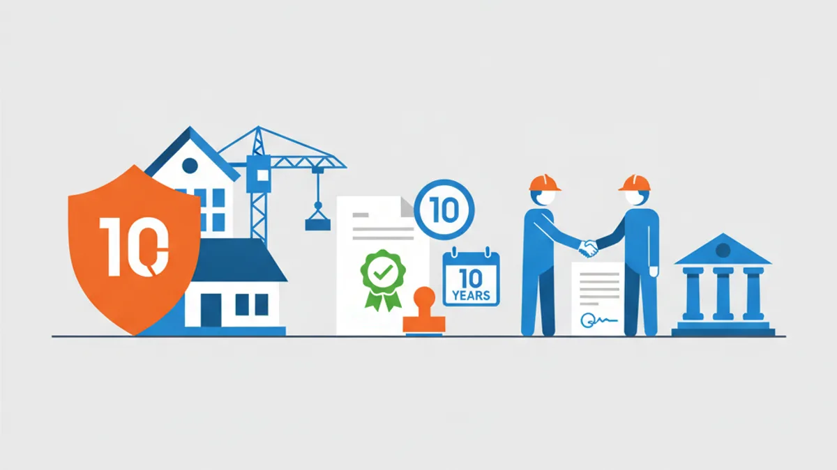 Assurance décennale marché public BTP : illustration flat design d'un bâtiment protégé par un bouclier 10 ans, une attestation d'assurance certifiée et une poignée de main devant un bâtiment public