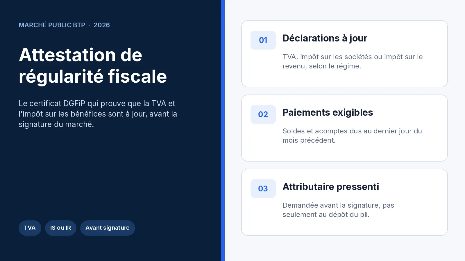 Attestation de régularité fiscale pour un marché public BTP : TVA, impôt sur les bénéfices et pièce de l'attributaire pressenti
