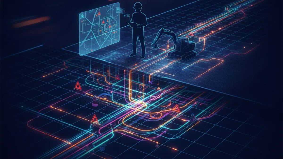 DT-DICT marché public BTP : visualisation des réseaux enterrés (gaz, électricité, eau, télécom) sous un chantier avant terrassement, avec ouvrier, tablette et carte holographique