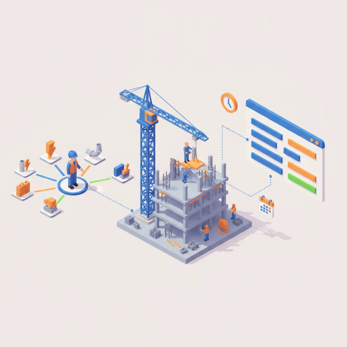OPC ordonnancement pilotage coordination chantier BTP : illustration isométrique d'un coordinateur reliant les corps d'état à un planning Gantt, une grue et un calendrier