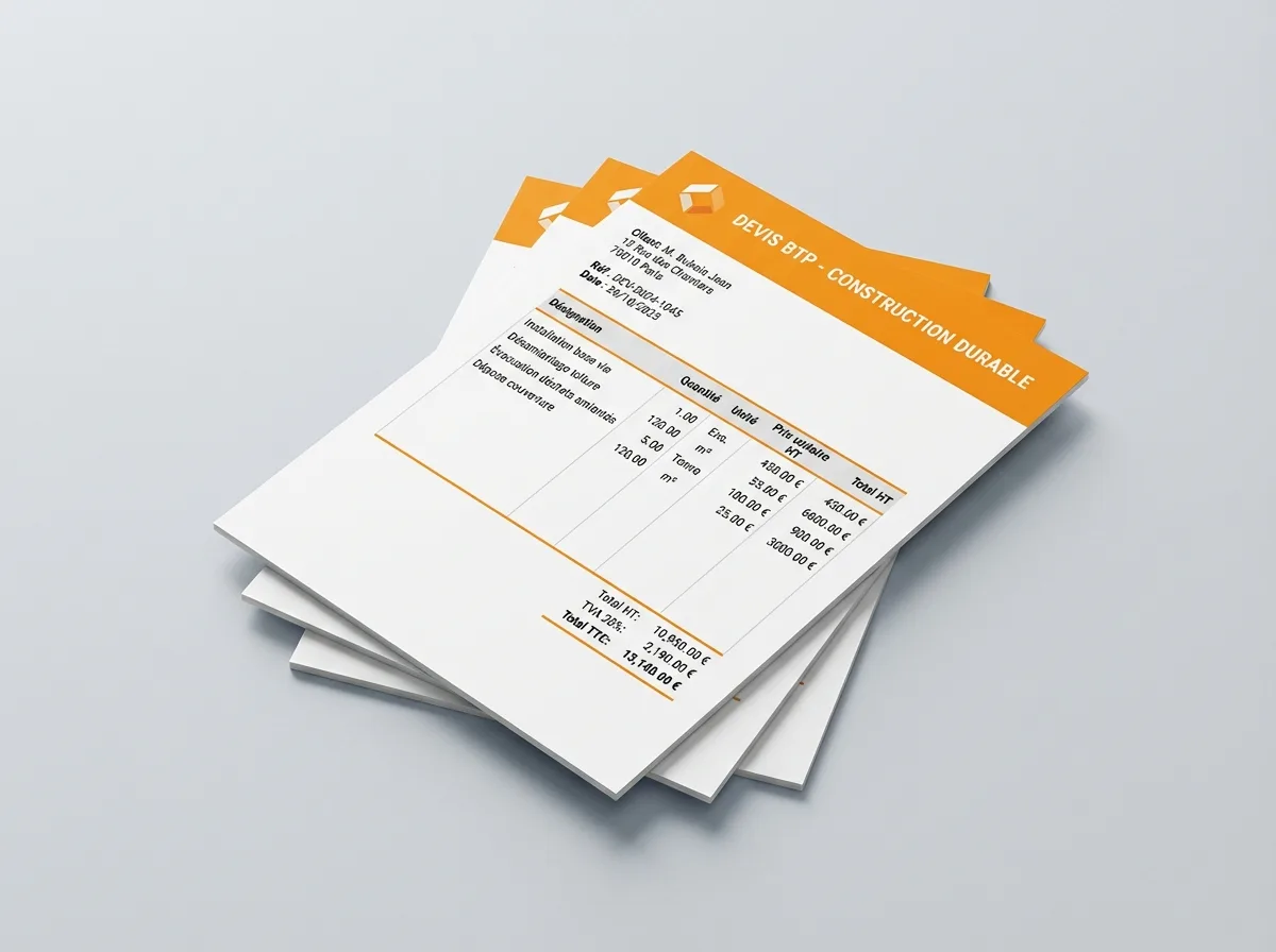 Exemple de devis BTP détaillé généré par Smart BTP — désignation, quantités, prix unitaires, totaux HT et TTC