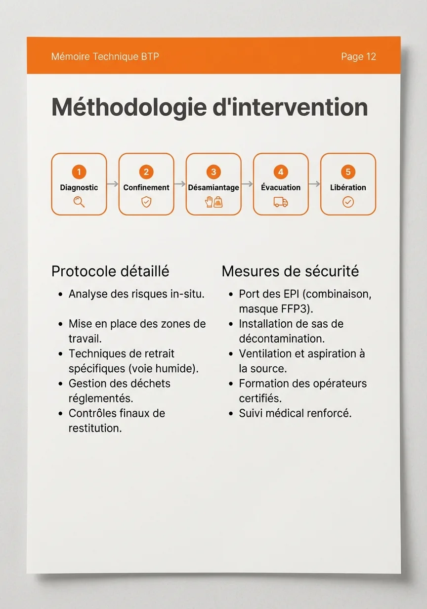 Page méthodologie d'intervention désamiantage avec flowchart 5 étapes