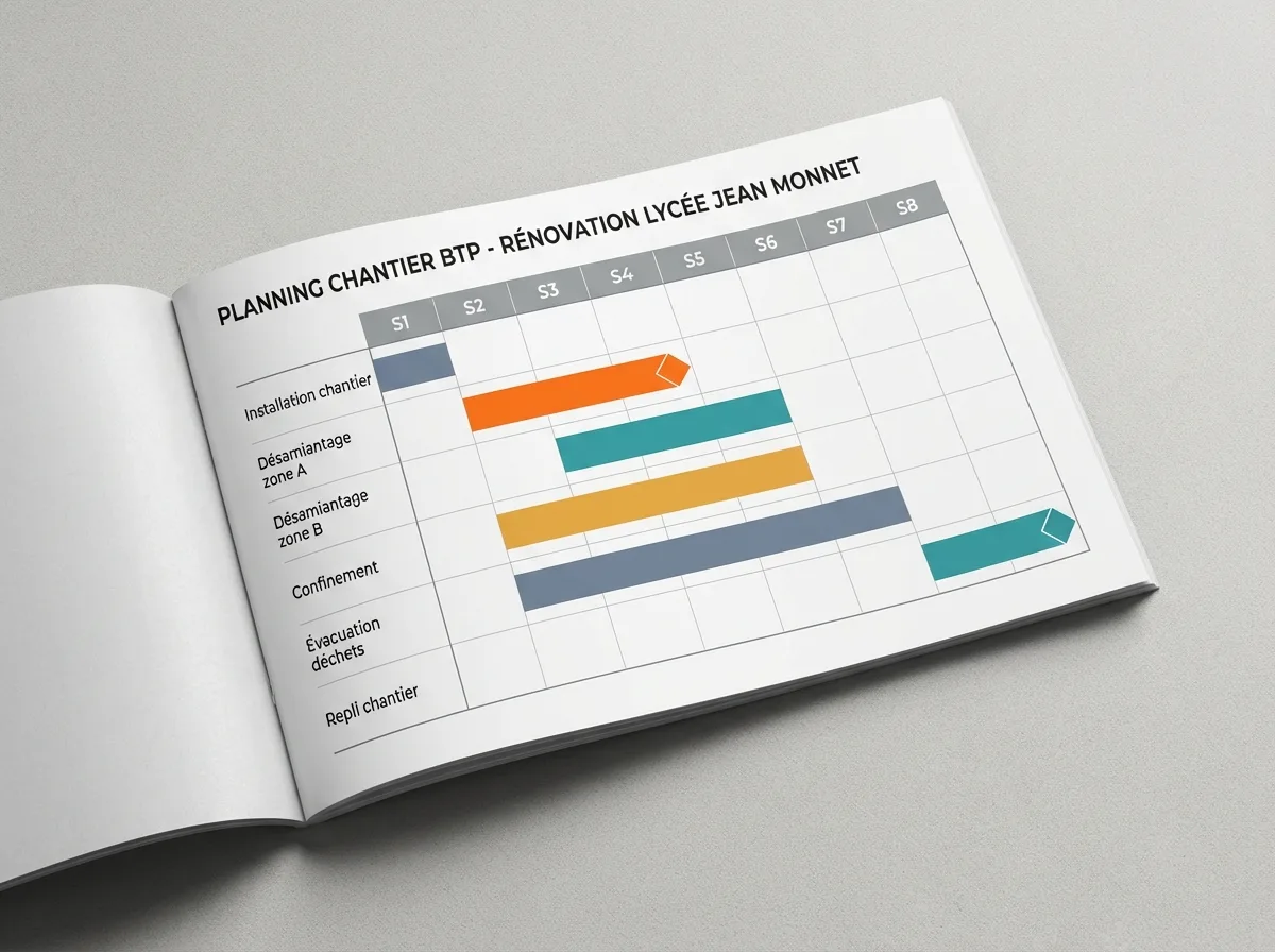 Exemple de planning Gantt de chantier BTP généré par Smart BTP — phases de désamiantage, confinement, évacuation